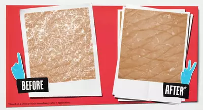 A comparison image showing two polaroid-style photos side by side, labeled "Before" on the left and "After" on the right. The "Before" photo displays a surface with noticeable texture and lines, while the "After" photo shows a smoother surface with fewer visible lines. The background is a bright red with blue hand illustrations pointing at