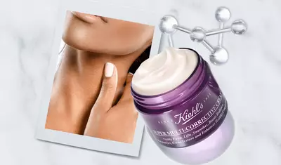 A skincare image featuring a jar of Kiehl's Super Multi-Corrective Cream next to a close-up of a smooth neck and shoulder, highlighting the product's benefits for firming and enhancing skin.