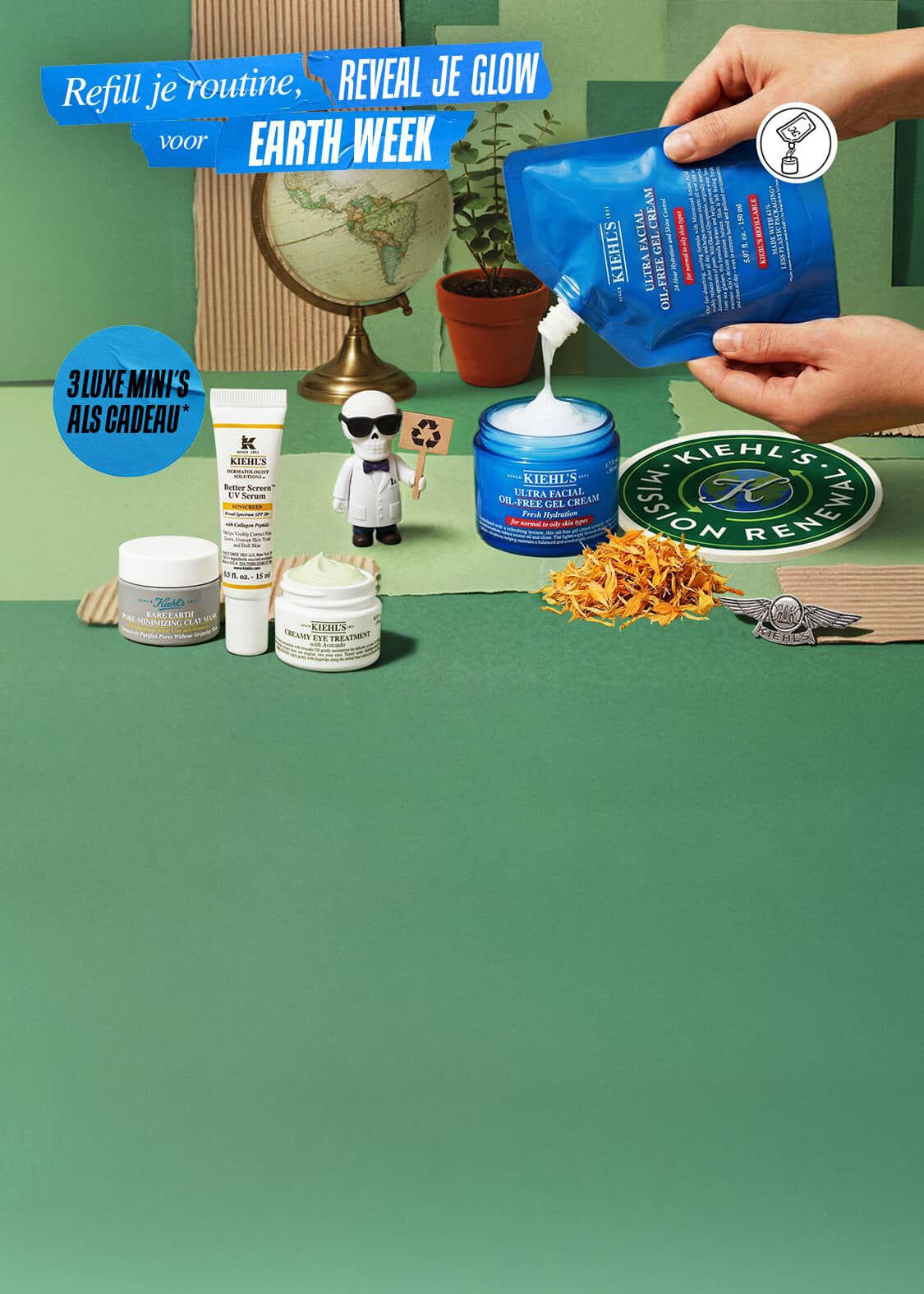 Groene achtergrond met Kiehl's duurzame producten, een refill logo, globe en bomen. Afbeelding van Rare Earth masker, Avocado oogcreme en UV-bescherming als cadeau.