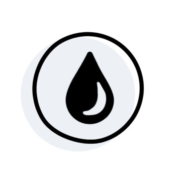 A simple black and white icon of a droplet of water enclosed in a circular border.