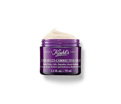 Paars potje met Kiehl's Super Multi-Corrective Cream, gericht op verjonging en egalisering van de huidtextuur.