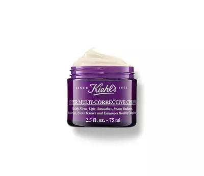 Paars potje met Kiehl's Super Multi-Corrective Cream, gericht op verjonging en egalisering van de huidtextuur.