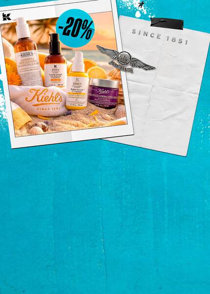 Een zomerse promotiebanner van Kiehl's met de titel "Vos Secrets de Beaute pour l'ete". De afbeelding toont diverse producten op een strandachtergrond.
