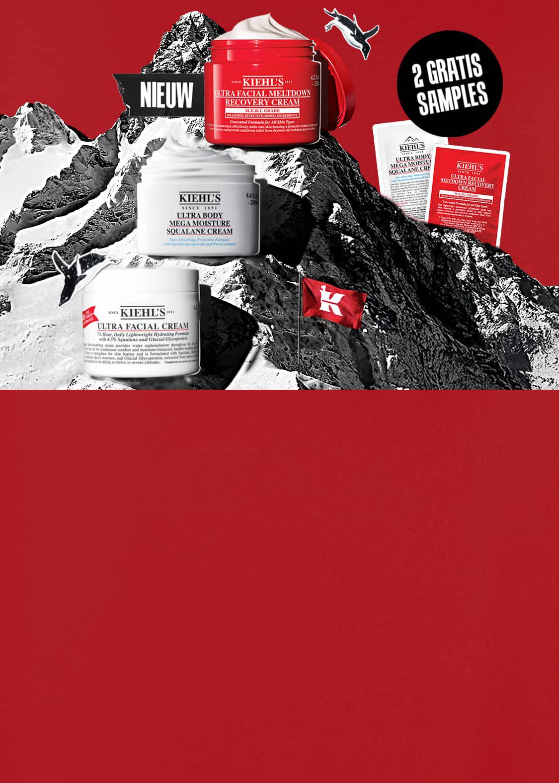 Kiehl's banner met de Ultra Facial-collectie op een besneeuwde bergtop. Je ziet de Ultra Facial Cream, Meltdown Recovery Cream en Mega Moisture Squalane bodycreme, met de tekst '2 gratis samples bij je bestelling'.
