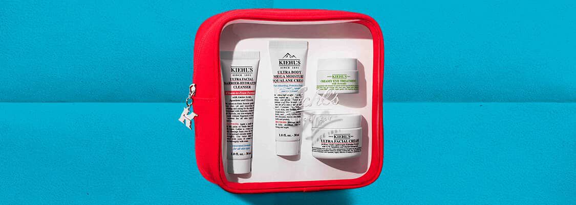 Kiehl's promotieposter in een kleurrijke collagestijl met de titel "MOOD PRINTEMPS ACTIVE". De afbeelding toont twee belangrijke producten: het "Retinol Skin-Renewing Daily Micro-Dose Serum" en het "Better Screen UV Serum". Het visuele ontwerp is versierd met lentebloemen (roos, goudsbloem, sleutelbloemen), illustraties van zwarte zwaluwen en een New Yorkse taxi. Linksboven versterkt een portret van een jonge vrouw met gele creme-stippen op haar wang het verzorgingsaspect. Een zwarte sticker vermeldt bovendien "JUSQU'A 7 CADEAUX OFFERTS" (tot 7 gratis geschenken).