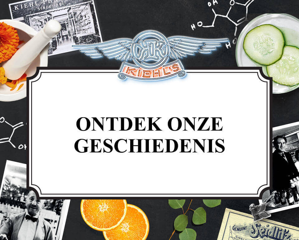 Alt-text: Een collage van afbeeldingen met botanische elementen en vintage Kiehl's items, met de tekst "ONTDEK ONZE GESCHIEDENIS" in het midden.