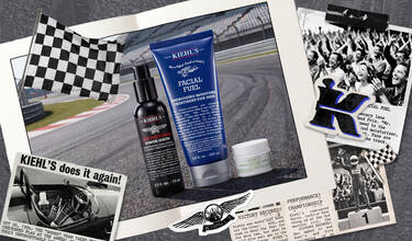 Een collage in vintagestijl met raceauto's, een geblokte vlag en verschillende huidverzorgingsproducten van Kiehl's, waaronder de Facial Fuel- en Age Defender-lijnen, tegen een achtergrond van een racebaan.
