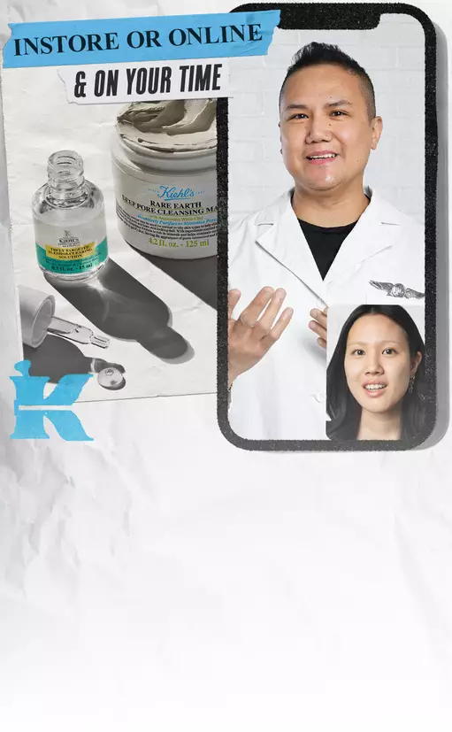 Een collage met een man in een labjas die een huidverzorgingsproduct vasthoudt, en een vrouw die naar de camera kijkt. Er zijn producten van Kiehl's zichtbaar en de tekst "In-store or online & on your time" is prominent opgenomen.
