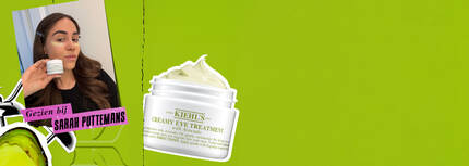 Groene banner in avocadothema met polaroidfoto van meisje aan de linkerkant en Kiehl's product aan de rechterkant.