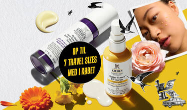 Reclameaffiche van Kiehl's in felle kleuren en collagestijl met de titel “MOOD PRINTEMPS ACTIVE” (LENTE MOOD GEACTIVEERD). De afbeelding belicht twee topproducten: het serum “Retinol Skin-Renewing Daily Micro-Dose” en het “Better Screen UV Serum”. De afbeelding is versierd met lentebloemen (rozen, goudsbloemen, primula's), illustraties van zwarte zwaluwen en een New Yorkse taxi. Linksboven versterkt het portret van een jonge vrouw met gele cremekleurige stipjes op haar wang het verzorgende aspect. Een zwart stipje geeft ook aan “TOT 7 CADEAUS GRATIS”.