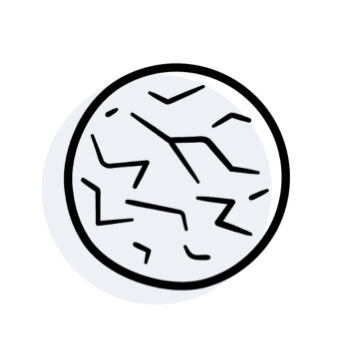 A simple line drawing of a circular shape with a textured surface featuring irregular, wavy lines.