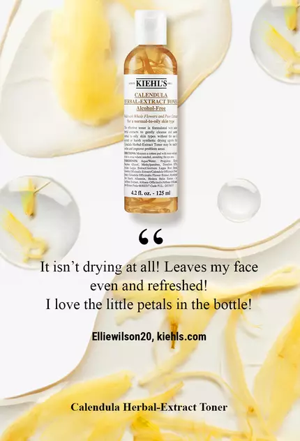A bottle of Kiehl’s Calendula Herbal-Extract Toner surrounded by flower petals and a quote praising the product's refreshing qualities.