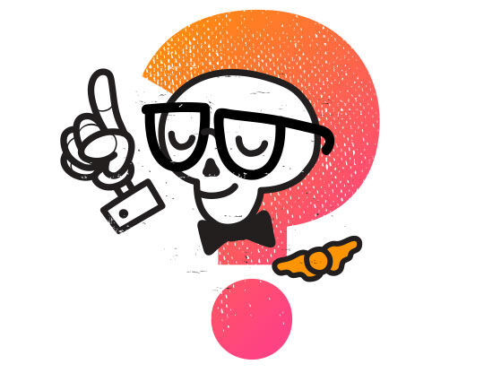 Een vrolijke doodskop met een strikje en bril, die een vraagteken aanraakt, met een slotje op de vinger.