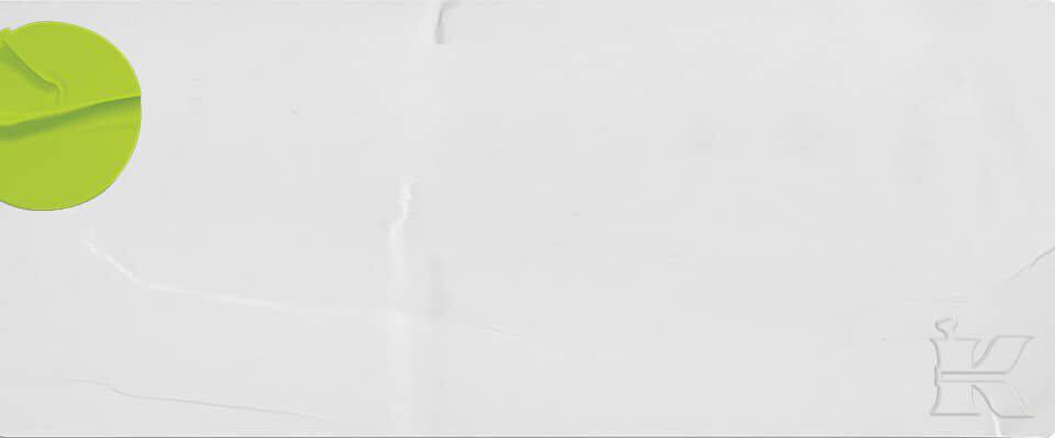 A minimalist design featuring a green circle on the left side of a white background, with a subtle texture and a faint outline of a letter "K" in the lower right corner.