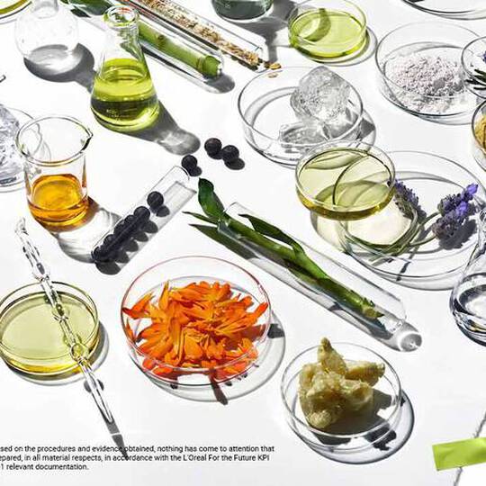 Een levendig aanbod van plantaardige ingredienten, olien en poeders in glazen verpakkingen, die de schoonheid en duurzaamheid van de natuur laten zien.