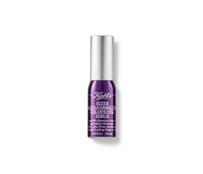 Een paarse fles Kiehl's Super Multi-Corrective Eye-Opening Serum, gericht op huidverzorging en oogverjonging.