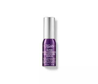 Een paarse fles Kiehl's Super Multi-Corrective Eye-Opening Serum, gericht op huidverzorging en oogverjonging.