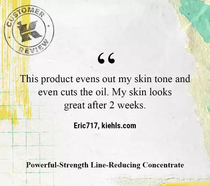 A customer review highlighting a skincare product's effectiveness in evening out skin tone and reducing oiliness, with the user noting improvement after two weeks.