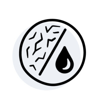 A circular icon divided in half, with one side featuring a cracked surface texture and the other displaying a droplet of water.