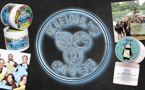 A collage featuring Kiehl's products, team activities, community events, and promotional images, highlighting their commitment to social responsibility and engagement.