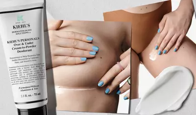 Alt text: A tube of Kiehl's Over & Under Cream-to-Powder Deodorant next to images of a person applying the product to their skin. The person's nails are painted blue, and there is a small dollop of the cream on their skin.