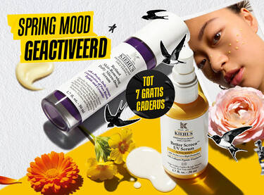 Reclameaffiche van Kiehl's in felle kleuren en collagestijl met de titel “MOOD PRINTEMPS ACTIVE” (LENTE MOOD GEACTIVEERD). De afbeelding belicht twee topproducten: het serum “Retinol Skin-Renewing Daily Micro-Dose” en het “Better Screen UV Serum”. De afbeelding is versierd met lentebloemen (rozen, goudsbloemen, primula's), illustraties van zwarte zwaluwen en een New Yorkse taxi. Linksboven versterkt het portret van een jonge vrouw met gele cremekleurige stipjes op haar wang het verzorgende aspect. Een zwart stipje geeft ook aan “TOT 7 CADEAUS GRATIS”