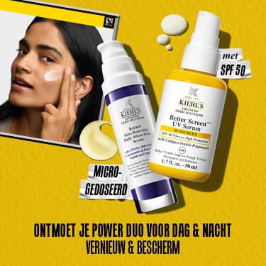 Promotionele afbeelding op een felgele achtergrond met twee Kiehl's-producten: het paarse ""Retinol Skin-Renewing Daily Micro-Dose Serum"" en het gele ""Better Screen UV Serum Sunscreen SPF 50"". De tekst luidt: ""Ontmoet je power duo voor dag & nacht. Vernieuw & bescherm.