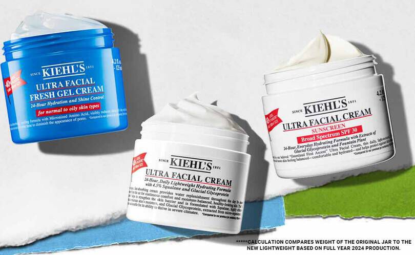 Drie huidverzorgingsproducten van Kiehl's: Ultra Facial Fresh Gel Cream in blauw en twee Ultra Facial Creams met zonnebrandcreme, allemaal met etiket.