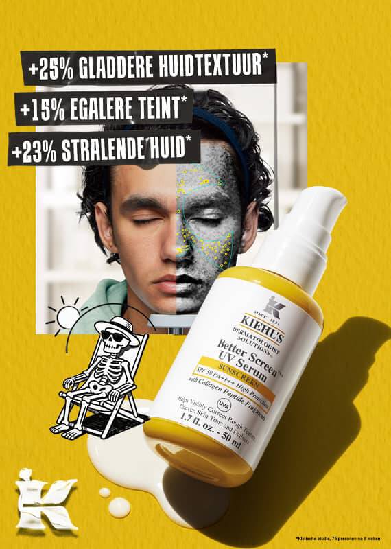 Gele achtergrond met Kiehl’s Better Screen UV Serum. De tekst vermeldt resultaten: +25% gladdere huidtextuur, +15% egalere teint en +23% stralende huid. De afbeelding toont ook een gezichtsscan en een skelet-illustratie in een strandstoel.