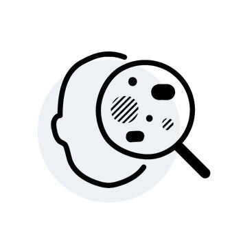 A simple illustration of a human head silhouette with a magnifying glass focused on it, highlighting various shapes and dots that represent cells or microorganisms.