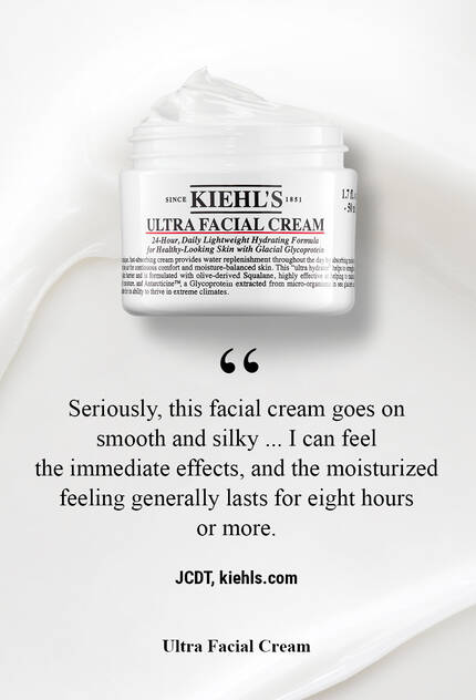 A jar of Kiehl's Ultra Facial Cream with a smooth texture, accompanied by a quote about its immediate moisturizing effects and lasting hydration.
