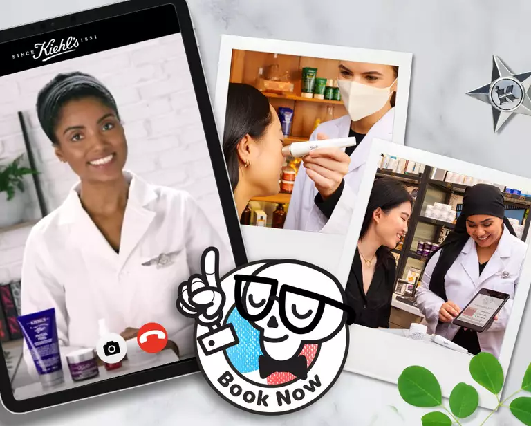 A digital tablet displaying a skincare presentation with a smiling presenter, flanked by two polaroid-style photos of skincare consultations. The text "Book Now!" is featured in a playful style.