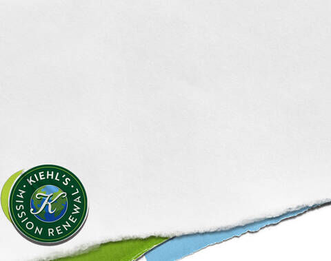 Kiehl's Mission Renewal-logo met een groene cirkel met een blauwe wereldbol, omringd door levendige groene en blauwe papierranden.