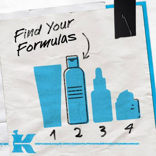 Grafiek met vier vormen van huidverzorgingsproducten met de tekst "Find Your Formulas" (Vind uw formules), als leidraad voor het selecteren van huidverzorgingsproducten.