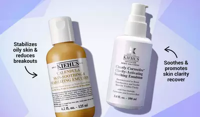 Two Kiehl's skincare products are displayed: a brown bottle labeled "Calendula Skin-Soothing & Stabilizing Emulsion" and a white bottle labeled "Clearly Corrective Clarity-Activating Soothing Emulsion." The first product stabilizes oily skin and reduces breakouts, while the second soothes and promotes skin clarity recovery.