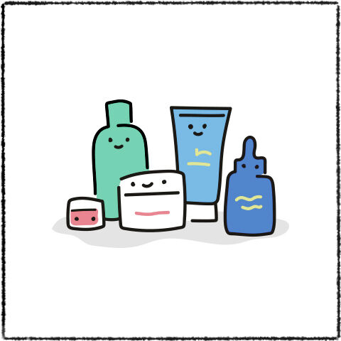 A colorful illustration of various skincare products, including bottles and jars, each with cute, smiling faces.