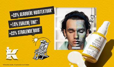 Kiehl's advertentie voor Better Screen UV Serum. De afbeelding toont een gele flacon, witte serumtextuur en een man wiens gezicht wordt geanalyseerd. Klinische resultaten na 8 weken bij 75 personen tonen aan: +25% gladdere huidtextuur, +15% egalere tint en +23% stralende huid.