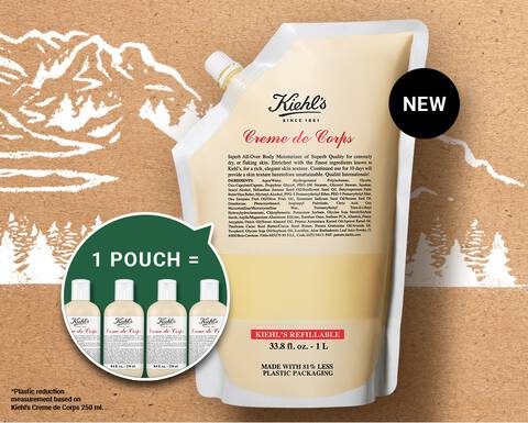 A promotional image for Kiehl's Creme de Corps featuring a large pouch of the product and a green circle highlighting that one pouch equals three bottles. The background includes a natural, outdoor theme with mountains.
