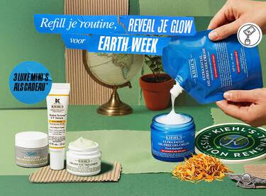 Groene achtergrond met Kiehl's duurzame producten, een refill logo, globe en bomen. Afbeelding van Rare Earth masker, Avocado oogcreme en UV-bescherming als cadeau.