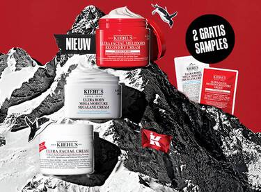 Kiehl's hudplejeprodukter omfattede: Ultra Facial Cream, Creamy Eye Treatment og et serum med teksten "3 FOR 2".