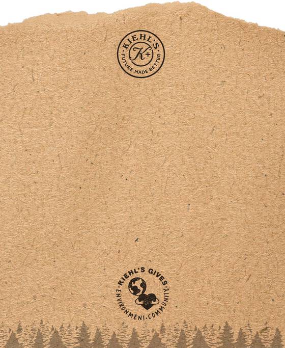 Alt text: A textured brown background featuring two circular logos, one for Kiehl's with the tagline "Culture Made Better" and another for "Kiehl's Gives" promoting environmental awareness. Pine tree silhouettes are visible at the bottom.