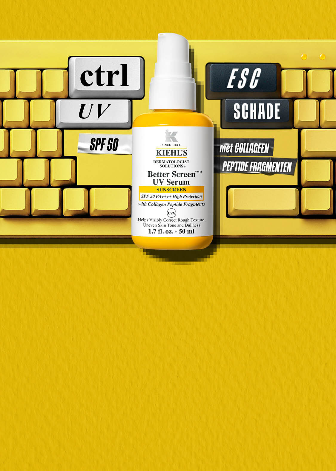 Een gele promotiebanner voor de nieuwe Kiehl's Better Screen UV Serum SPF50. Links staat een geel computertoetsenbord waarop het product staat, met aangepaste toetsen zoals 'ctrl UV', 'ESC SCHADE' en 'SPF 50'. In het midden staat de tekst: "NIEUW! BETTER SCREEN UV SERUM SPF50 - Ontdek ons lichtgewicht UV-serum met collageenpeptiden voor een gladdere, egalere en stralendere huid" met een "SHOP NU" knop. Rechts staat een pixel-art muisaanwijzer en het zegel van de Skin Cancer Foundation.