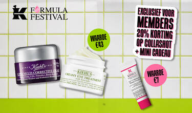 Formula Festival-banner met Kiehl’s Super Multi-Corrective Cream, Creamy Eye Treatment with Avocado en een CollaShot-mini. Bij bestellingen vanaf €129 ontvang je twee mini’s; members ontvangen een extra CollaShot-mini.