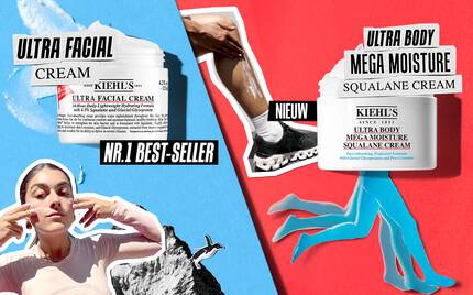 Advertentie voor gezicht- en lichaamscremes met een focus op hydratatie, afgebeeld tegen bergachtige achtergrond met kleurrijke elementen.