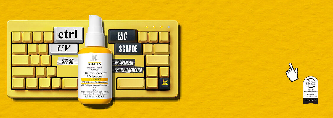 Banner met het nieuwe Kiehl's Better Screen UV Serum SPF50. 