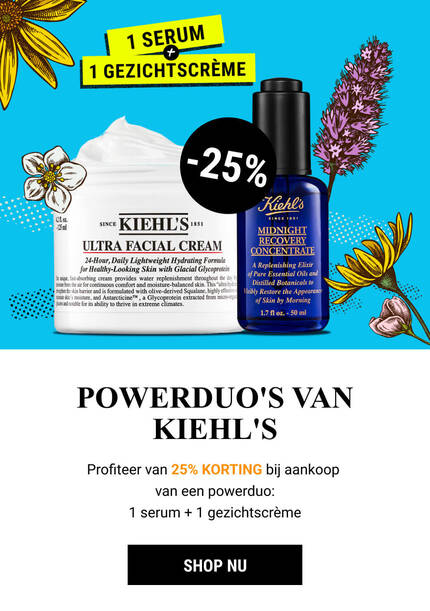 Advertentie voor Kiehl's met een gezichtscreme en serum, met een korting van 25% op de aankoop van beide producten.