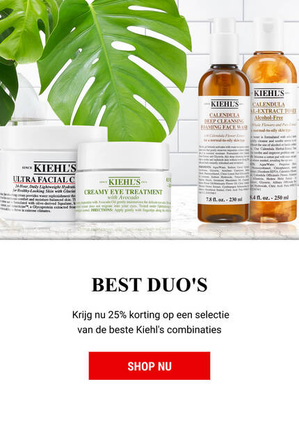 Alt tekst: Een promotionele afbeelding van Kiehl's met de tekst "BEST DUO'S" en "25% KORTING" op geselecteerde producten, waaronder gezichtscreme en serums, met een groene plant op de achtergrond.