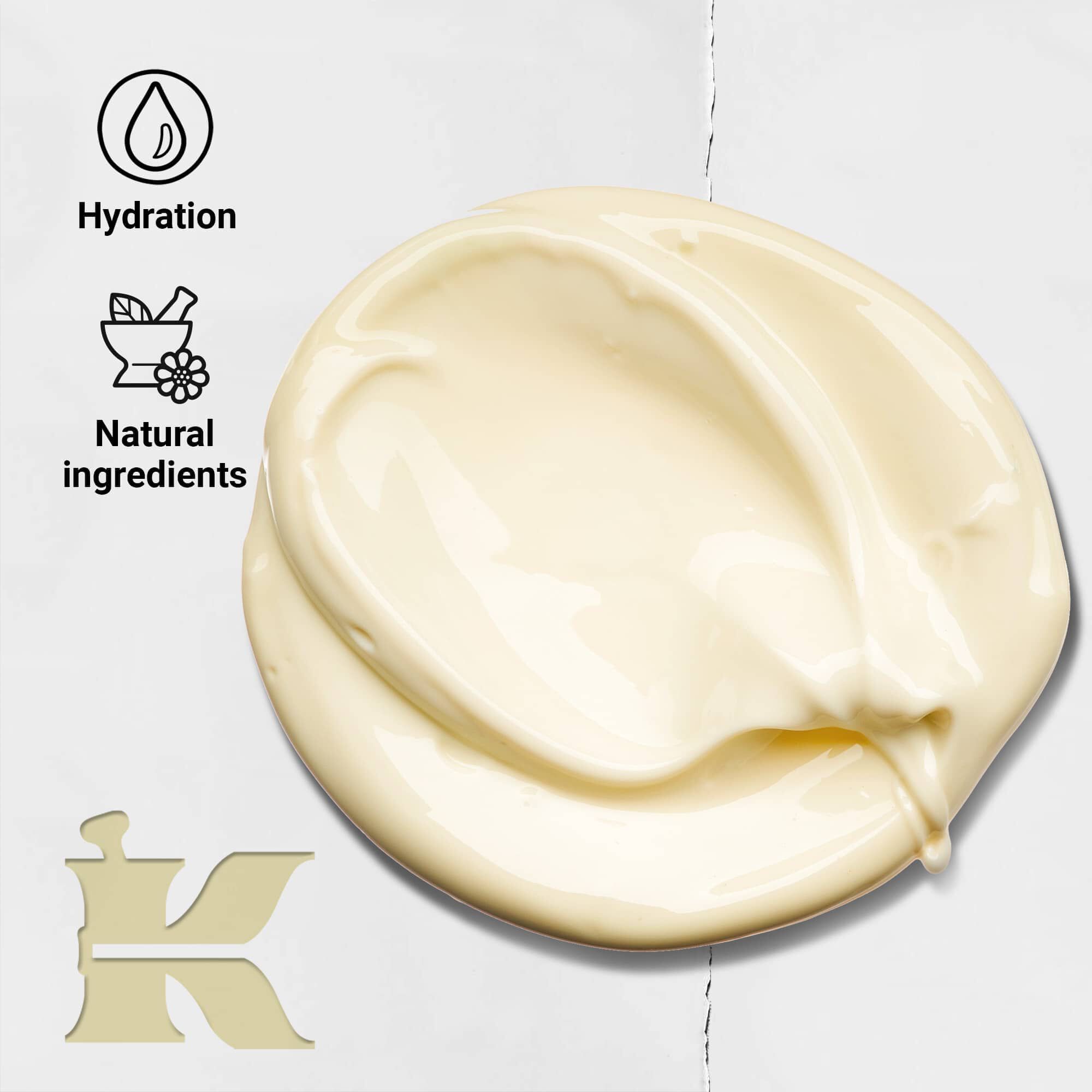 Foto van de Creme de Corps-textuur met iconen die aangeven dat het hydratatie biedt en natuurlijke ingredienten bevat