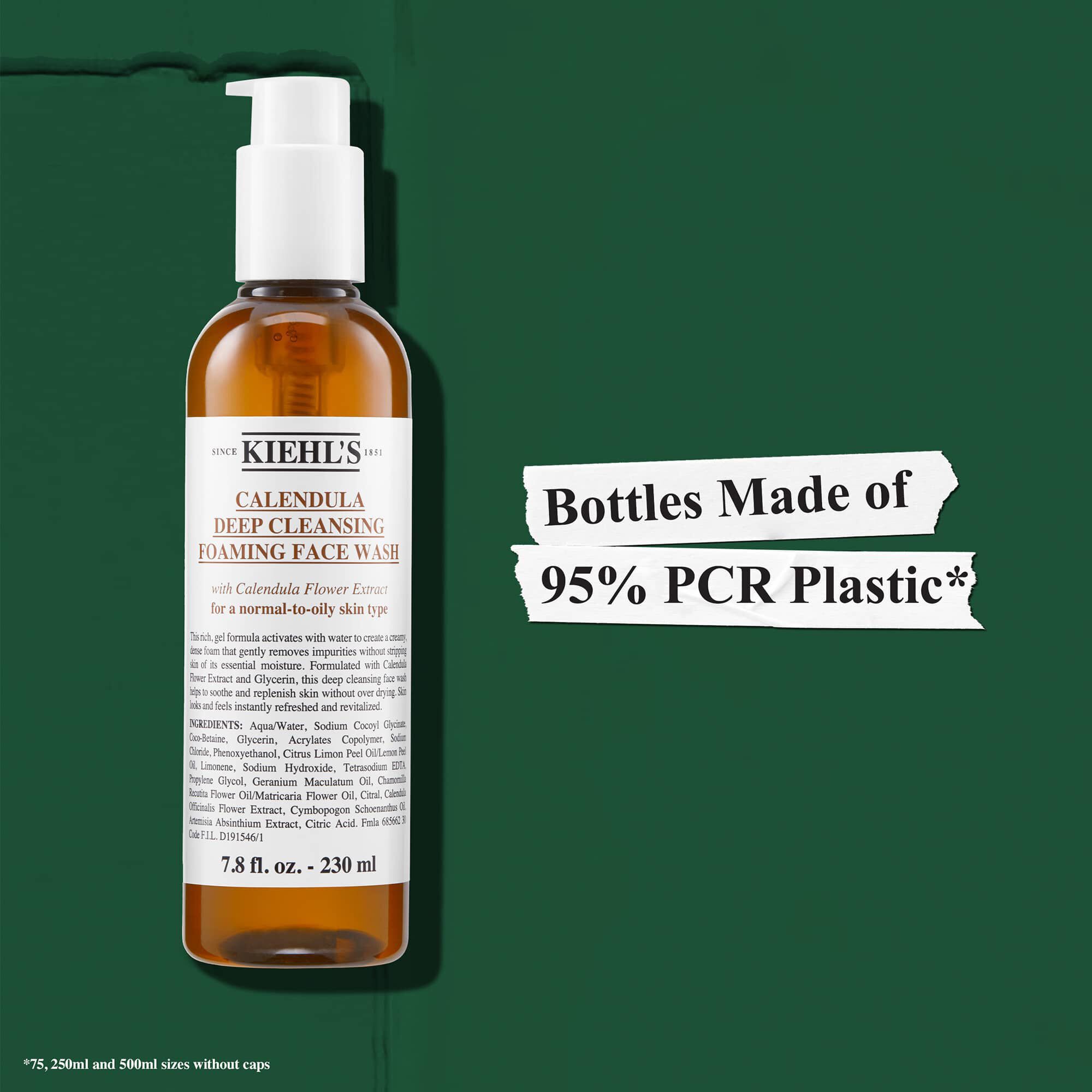 De flessen van Kiehl's Calendula Foaming Face Wash zijn gemaakt van 95% gerecycled plastic (PCR)