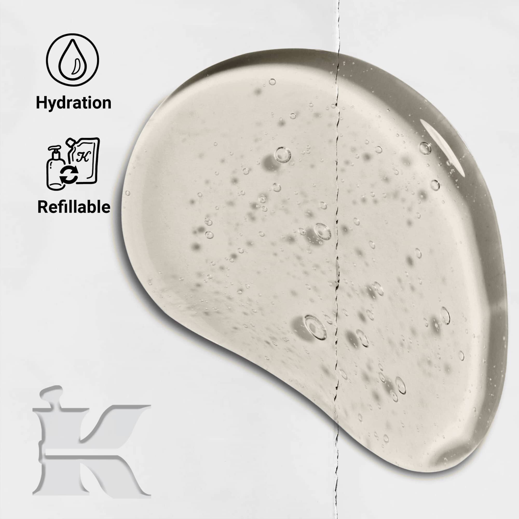 Foto van de textuur van Amino Acid Shampoo met pictogrammen die aangeven dat het navulbaar is en hydratatie biedt